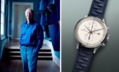 the late Sir Terence Conran and right, the Triple-Four Chronograph with a white face and black strap.