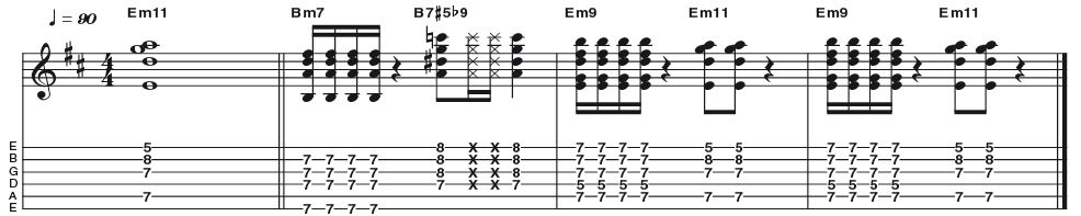 Example 34: Minor 11 - We turning things up to 11 now, with a versatile way of playing an E minor 11 (R b3 5 b7 9 11). You will already have seen that it is common on guitar to omit nonessential intervals in order to improve the tonal quality or ease the fingering of a chord. In this case we are using just (R b3 b7 11).
