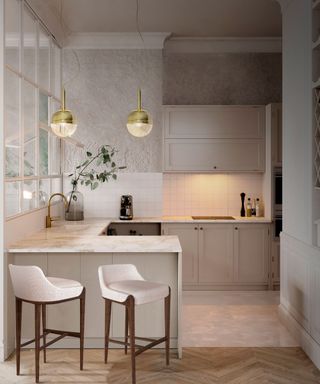 Cafe Latte greige kitchen with peninsula and pendant lights by Moka