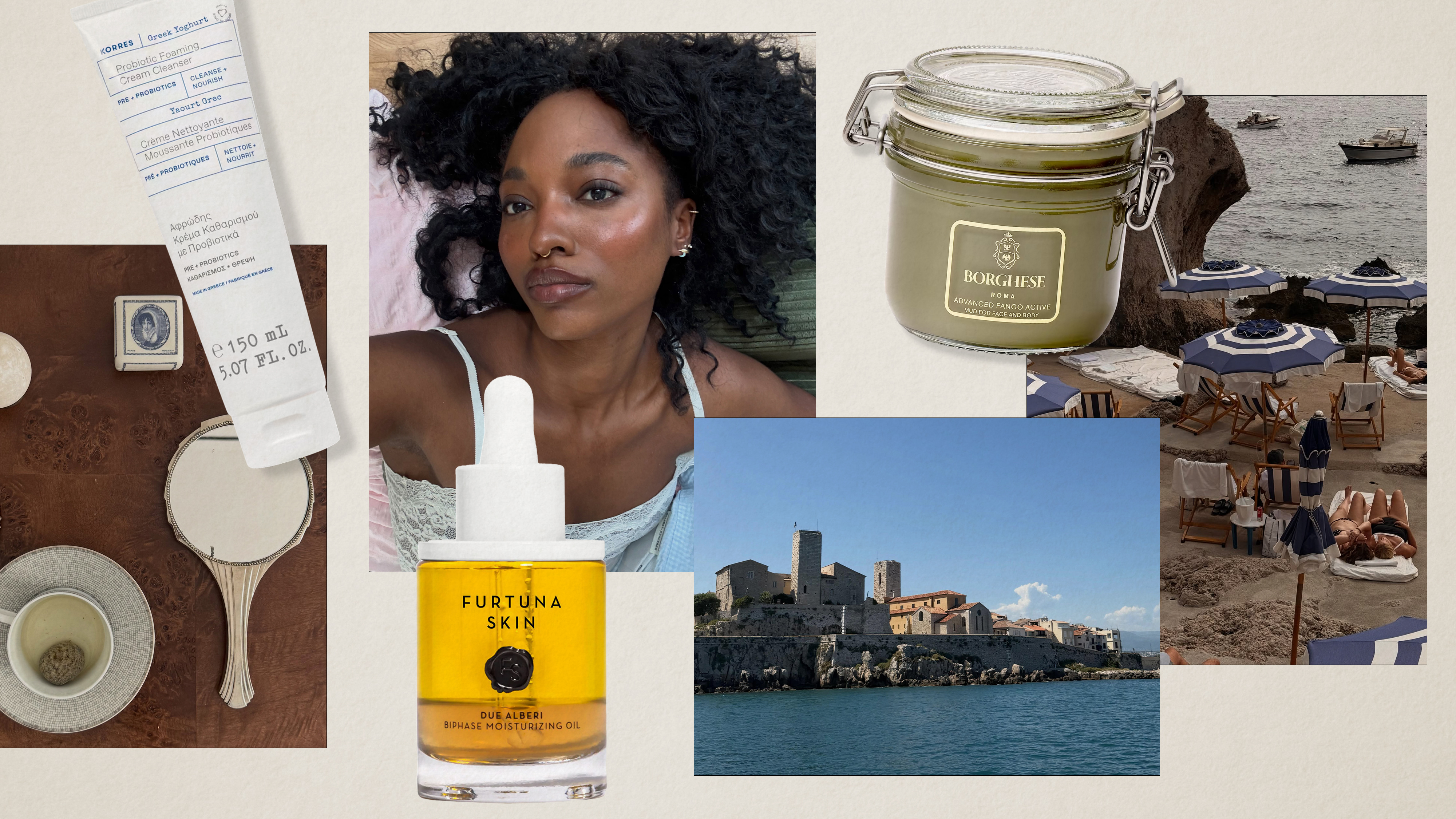 A collage of images of people and images in and of the Mediterranean region, with Mediterranean skincare products overlaid.