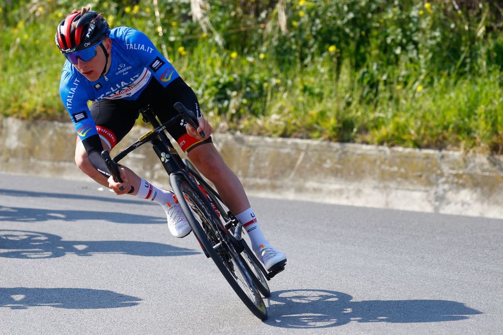 Race leader Team UAE Emirates Tadej Pogacar of Slovenia rides during the 5th stage of the Tirreno Adriatico cycling race 155 km from Sefro to Fermo on March 11 2022 Photo by Luca Bettini AFP Photo by LUCA BETTINIAFP via Getty Images