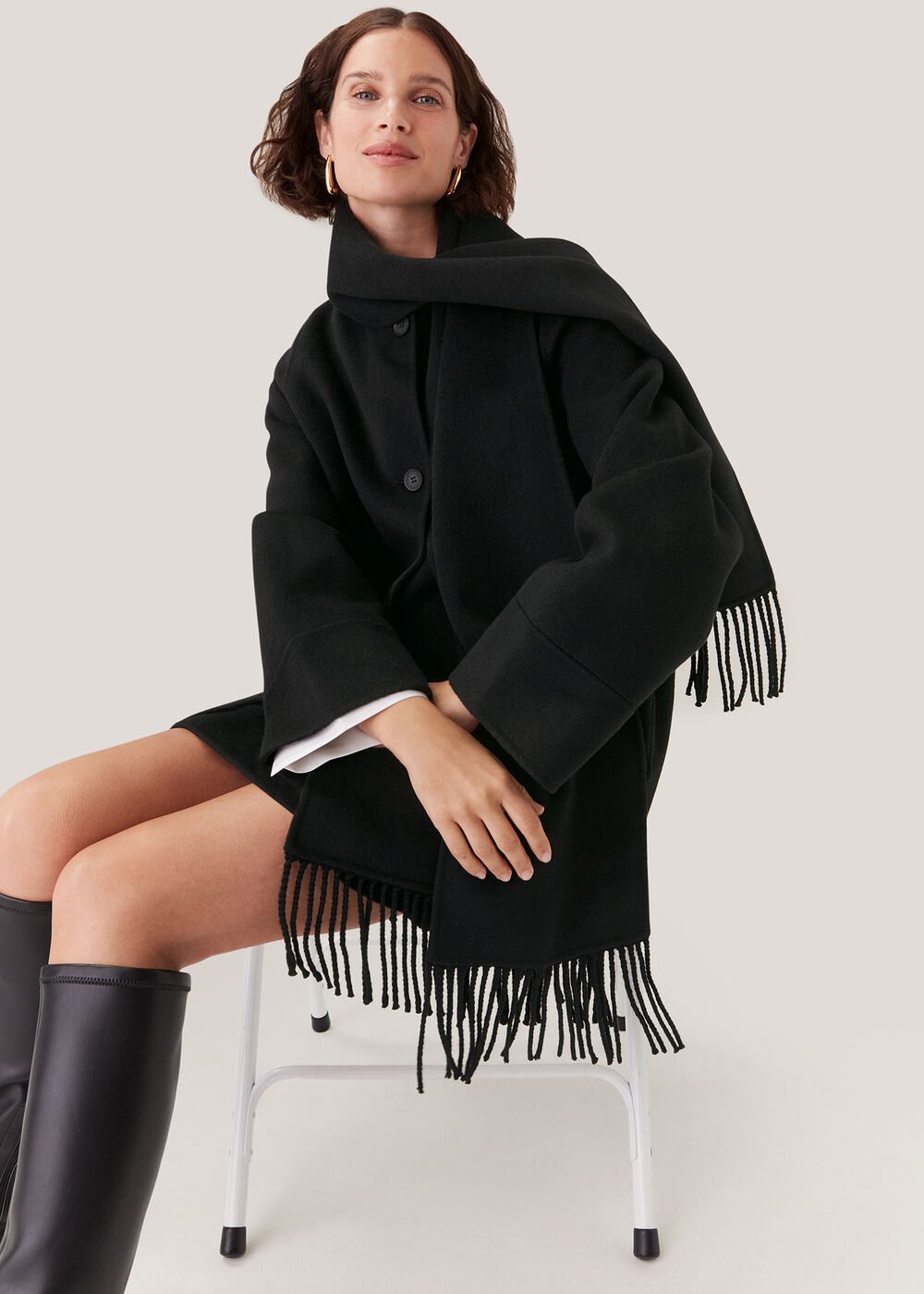 Black Double Face Wool Fringe Coat