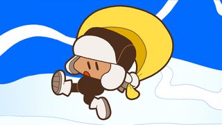 A cartoon character running in snow