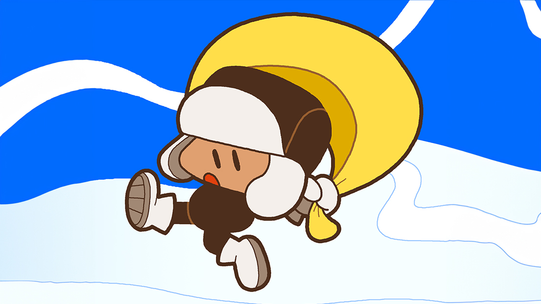A cartoon character running in snow