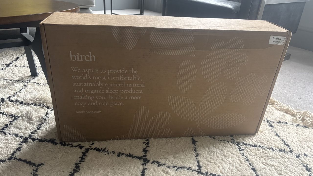 The Birch Organic Pillow still in its cardboard shipping box.