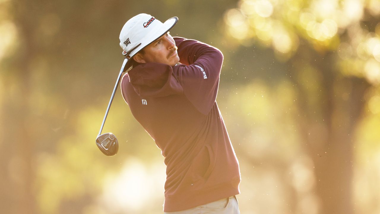 Joel Dahmen of the United States plays his shot from the sixth tee during the continuation of the weather delayed second round of THE PLAYERS Championship on THE PLAYERS Stadium Course at TPC Sawgrass on March 11, 2023 in Ponte Vedra Beach, Florida.