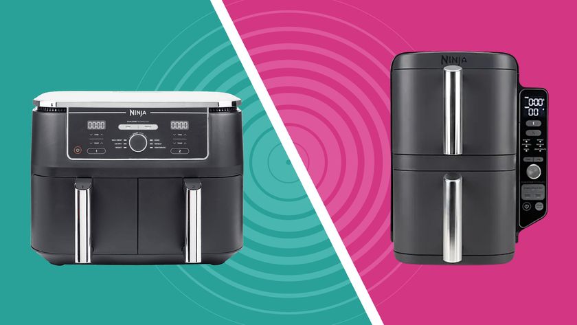 Ninja Foodi Max Dual Zone air fryer and Ninja Double Stack air fryer on teal and pink background