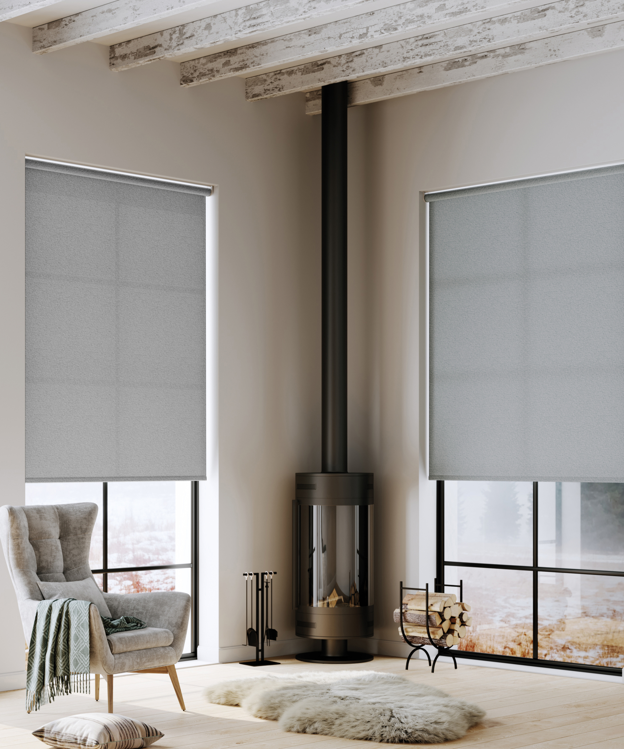 slim corner freestanding log burner in living room with white distressed wooden beams on ceiling, cream wooden floor, sheepskin rug and grey blinds at large crittall style windows