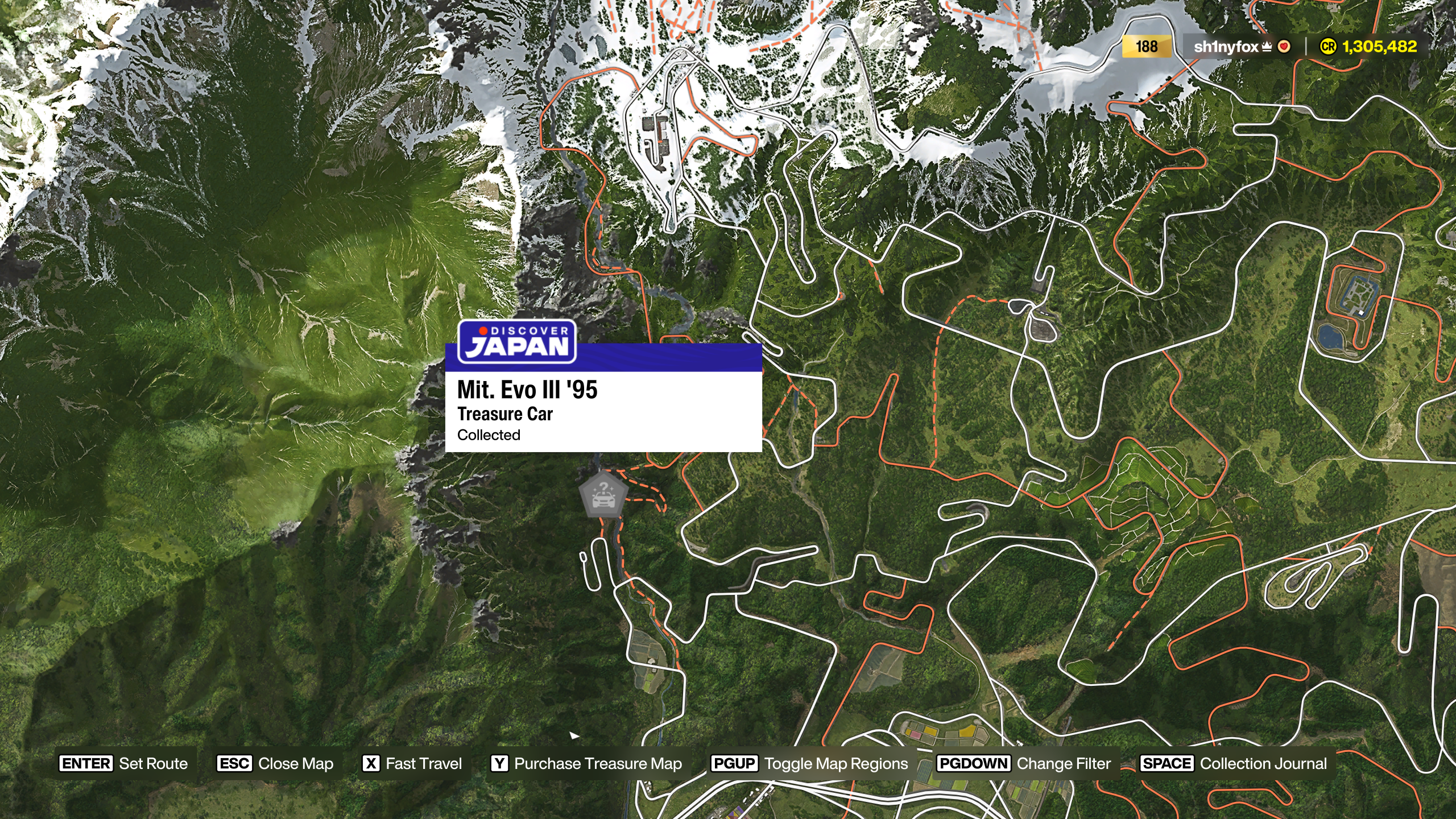 Map location of the Mitsubishi Lancer Evolution III Treasure Car in Forza Horizon 6.