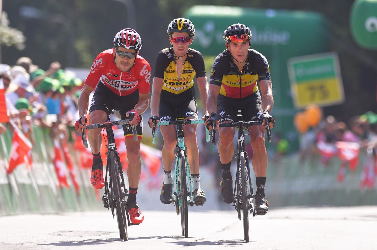 Maxime Monfort, Daan Oliver and Philippe Gilbert finish over five minutes down on stage winner Larry Warbasse