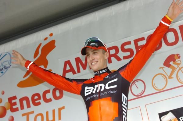 Taylor Phinney (BMC) on the podium after winning the Eneco prologue