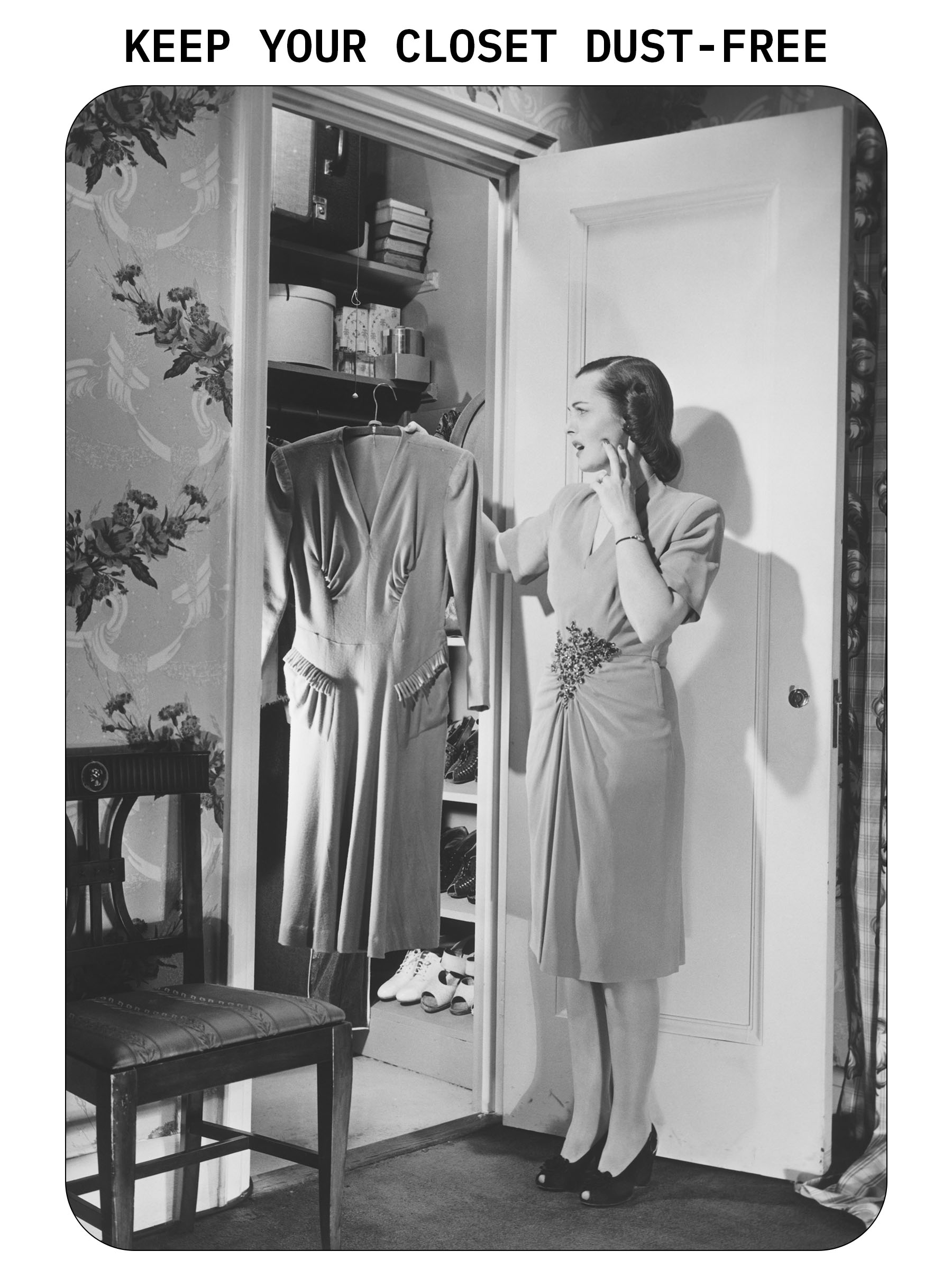 Vintage photo of woman in her closet lifting up a dress.