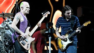Flea (L) and John Frusciante of Red Hot Chili Peppers perform during the ACL Music festival 2022 at Zilker Park on October 09, 2022 in Austin, Texas.