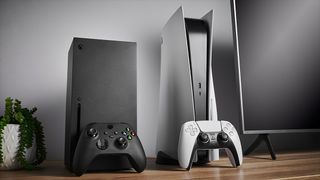 PS5 vs Xbox Series X; a PS5 and an Xbox Series X stand next to each other with a TV