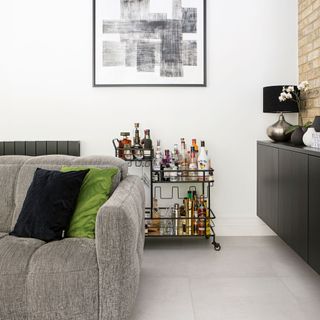 grey sofa living room drinks trolley