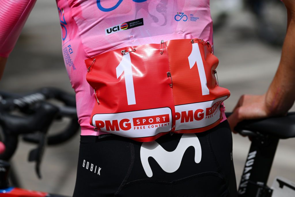 NUORO ITALY JULY 08 BIB number detail view of Annemiek Van Vleuten of The Netherlands and Movistar Team Pink Leader Jersey prior to the 34th Giro dItalia Donne 2023 Stage 8 a 1257km stage from Nuoro to Sassari UCIWWT on July 08 2023 in Nuoro Italy Photo by Dario BelingheriGetty Images