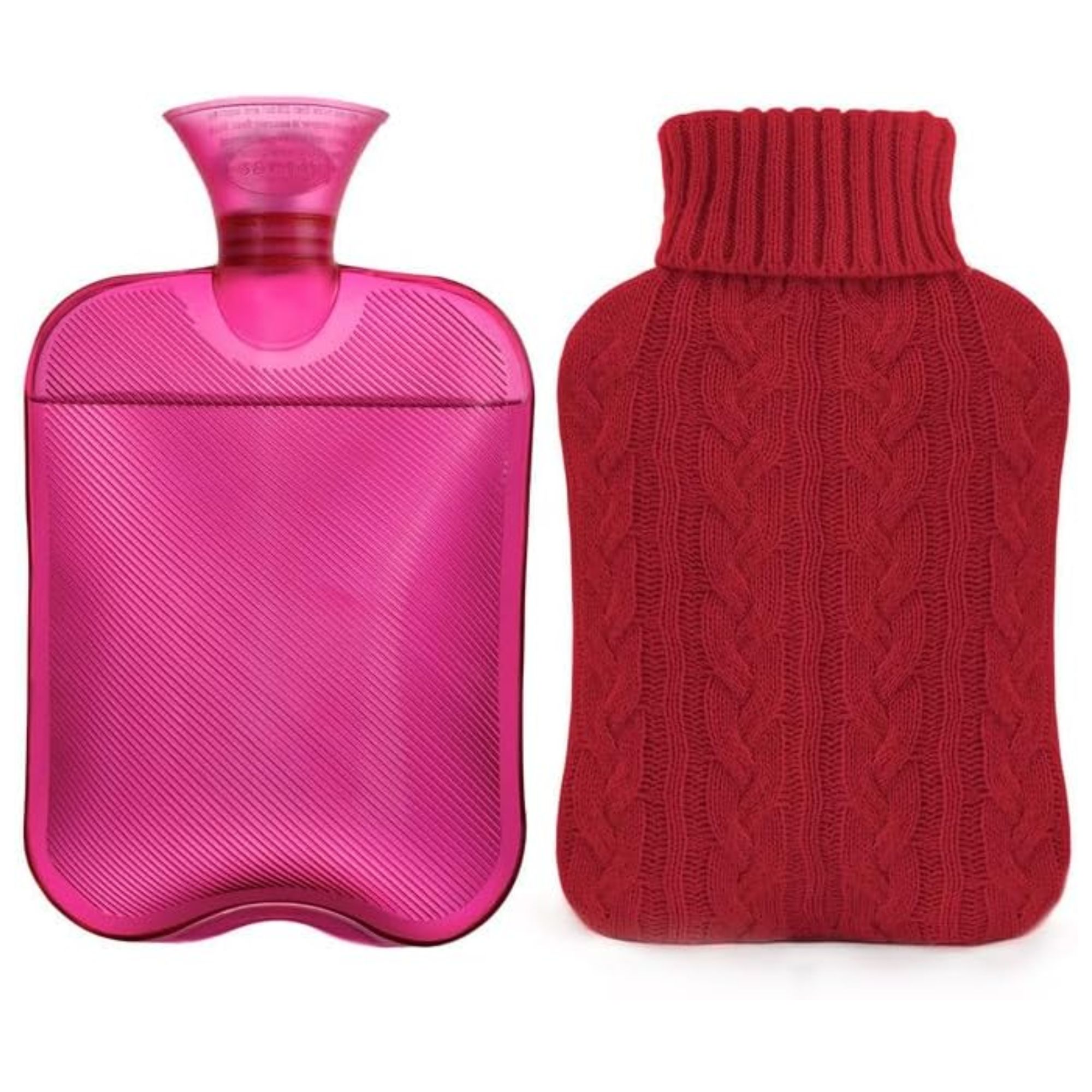 Pink hot water bottle with red knitted cover