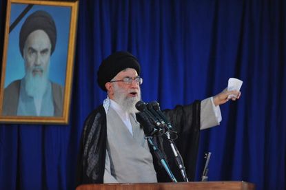 Iran's supreme leader Ayatollah Ali Khamenei delivers a speech.