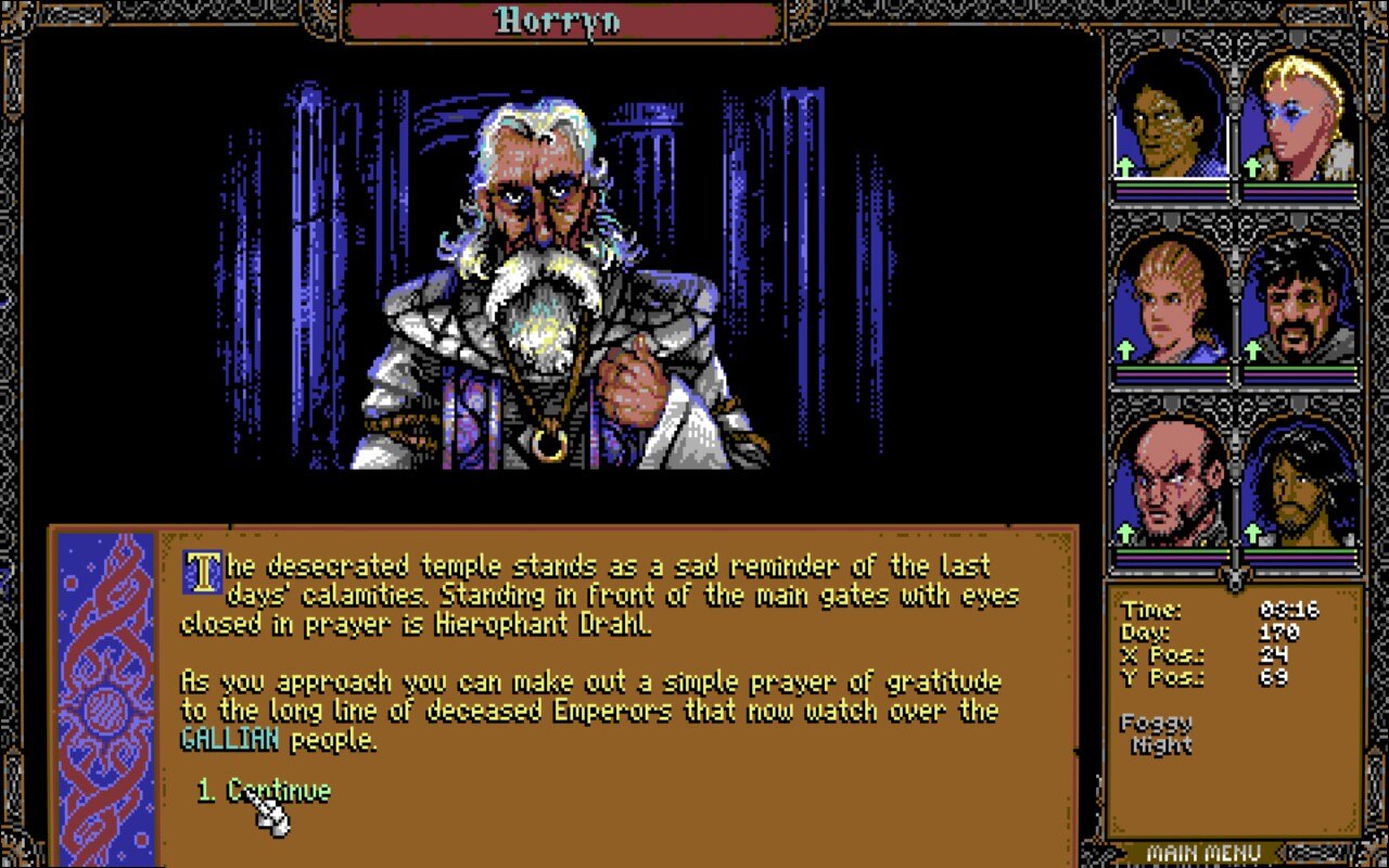 Skald dialogue screen with wizened old man describing the desecration of a temple.