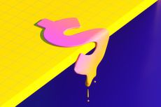Digitally generated image of a melted multi-colored dollar sign slowly sliding off a vibrant yellow surface.