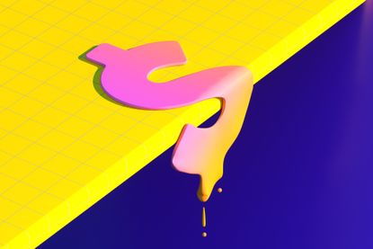 Digitally generated image of a melted multi-colored dollar sign slowly sliding off a vibrant yellow surface.
