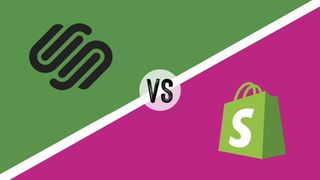 The two logos of Squarespace and Shopify, separated by a white line, and the text 'VS'.
