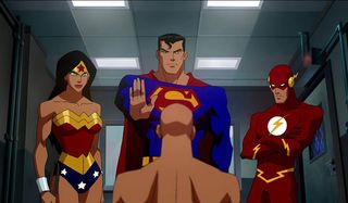 Justice League: Crisis On Two Earths Wonder Woman, Superman, and The Flash in an interrogation