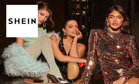 shein logo top left with three women posing in sparkly dresses