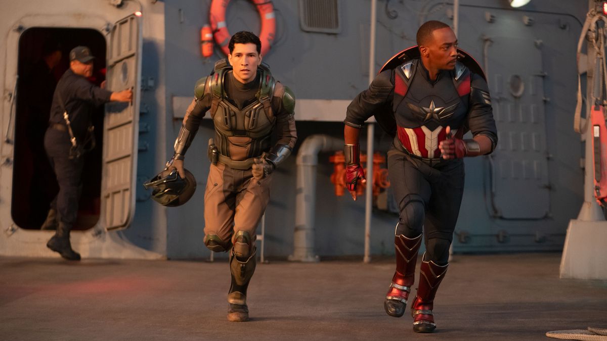 Joaquin Torres and Sam Wilson running on a warship in Captain America: Brave New World