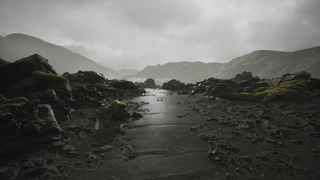 Lushfoil Photography Sim; A landscape photograph shows a path through a dark volcanic terrain, with muted colors and a misty atmosphere.