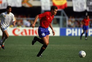 Julio Salinas in action for Spain against Belgium in the 1990 World Cup.