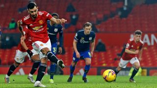 How to watch Manchester United in the Premier League - Manchester United midfielder Bruno Fernandes shoots to score their seventh goal against Southampton in Feb 2021