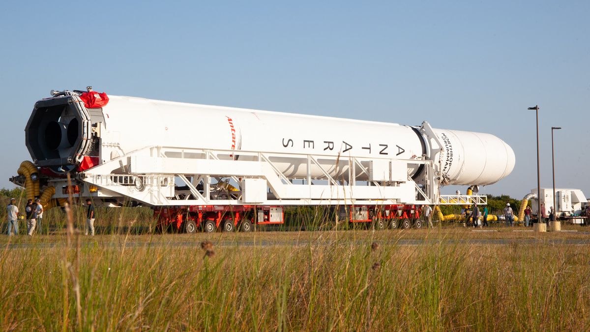 A Northrop Grumman Antares rocket carrying a Cygnus resupply spacecraft is seen as it is transported to the Mid-Atlantic Regional Spaceport&rsquo;s Pad-0A, Friday, Aug. 10, 2021, at NASA's Wallops Flight Facility in Virginia.