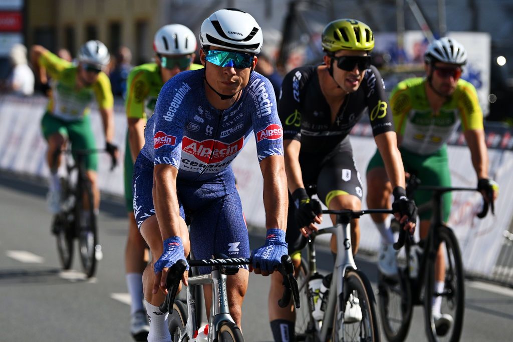 KOOLSKAMP BELGIUM SEPTEMBER 20 Jasper Philipsen of Belgium and Team AlpecinDeceuninck competes during the 108th Kampioenschap van Vlaanderen 2024 a 1802km one day race from Koolskamp to Koolskamp on September 20 2024 in Koolskamp Belgium Photo by Luc ClaessenGetty Images