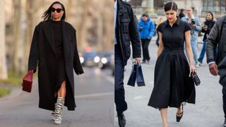 composite of street style women wearing black dresses