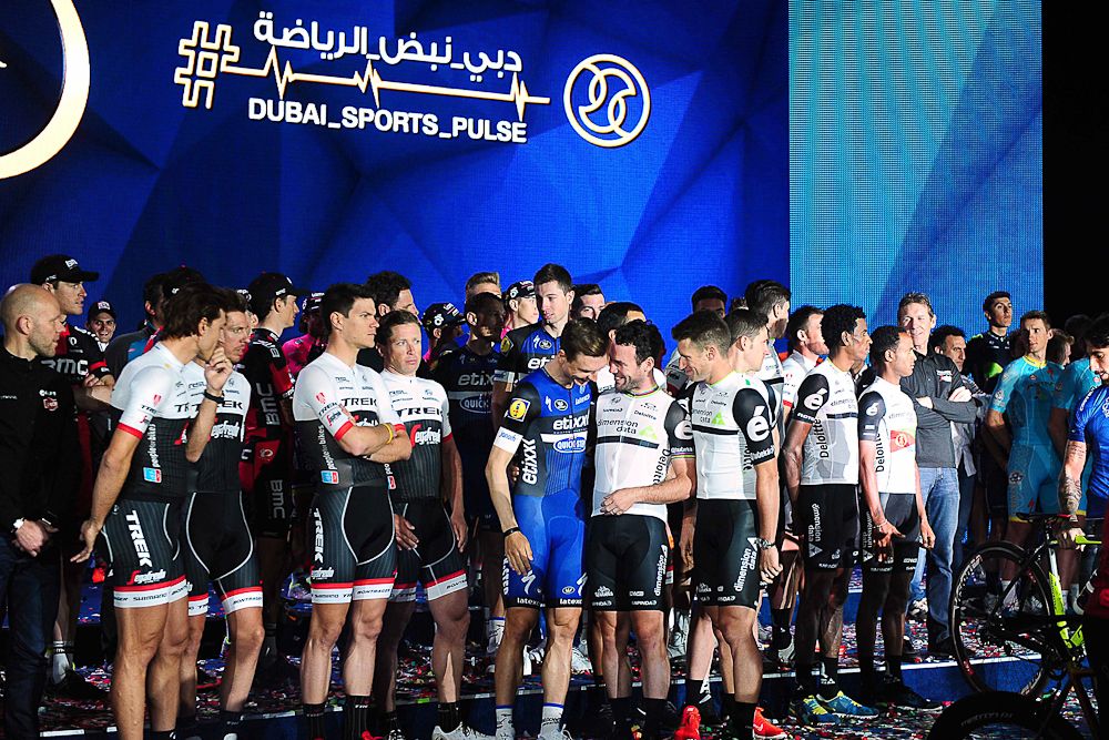 Former teammates Tony Martin, Mark Cavendish and Mark Renshaw greet each other in Dubai.