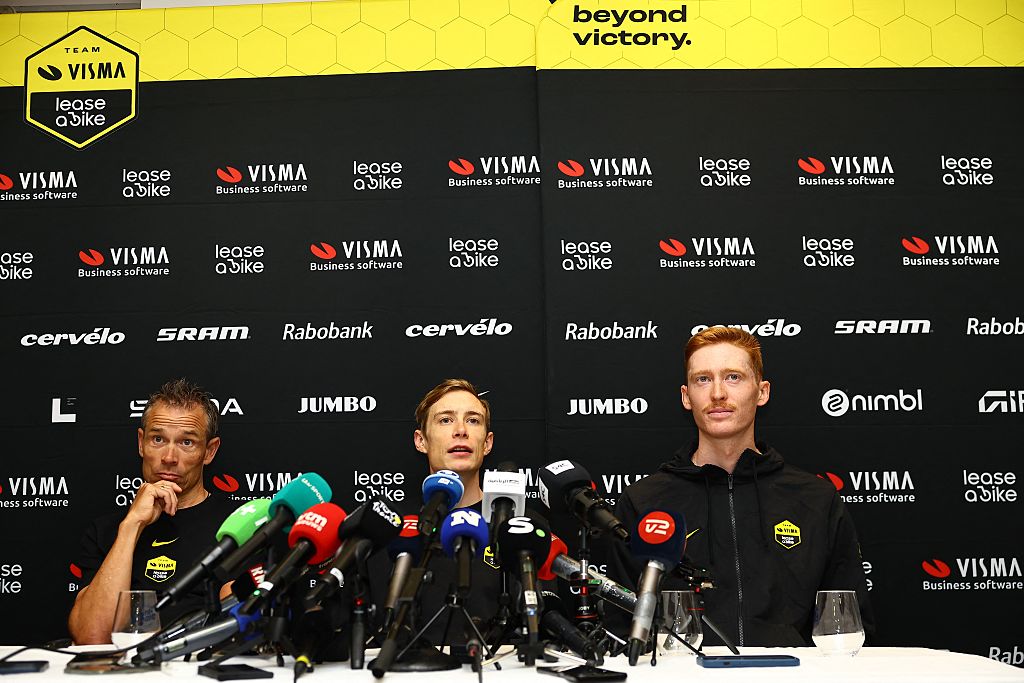 Team Visma-Lease a Bike sports director Grischa Niermann, Danish Jonas Vingegaard Hansen of Team Visma-Lease a Bike and American Matteo Jorgenson of Team Visma-Lease a Bike pictured during a press conference of team Visma - Lease a Bike ahead of the 2025 Tour de France cycling race, in Lille, France, on Friday 04 July 2025. The 112th edition of the Tour de France starts on Saturday 5 July in Lille, France, and will finish in Paris, France on the 27th of July. BELGA PHOTO DAVID PINTENS (Photo by DAVID PINTENS / BELGA MAG / Belga via AFP)