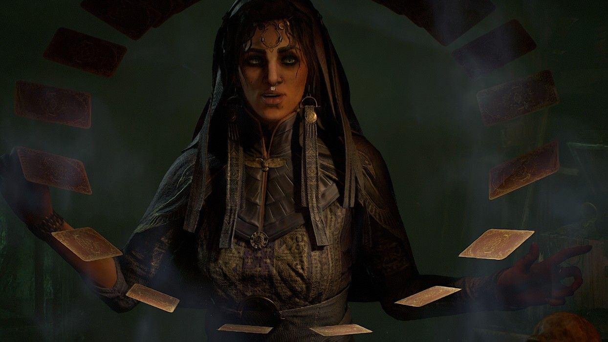 Mysterious woman with headscarf surrounded by floating tarot cards in a dim, misty setting.
