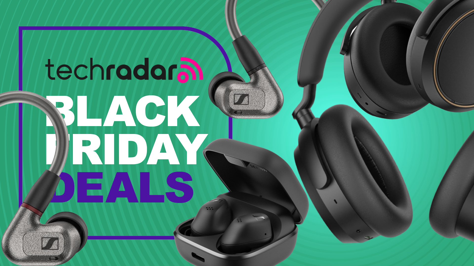TechRadar&#039;s Sennheiser Black Friday poster, with Sennheiser headphones on green background
