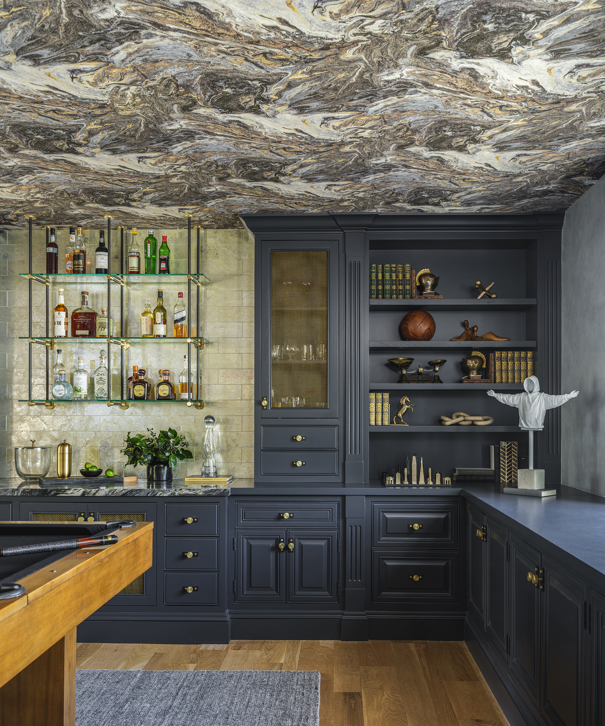 kitchen with marbled wallpaper on the ceiling