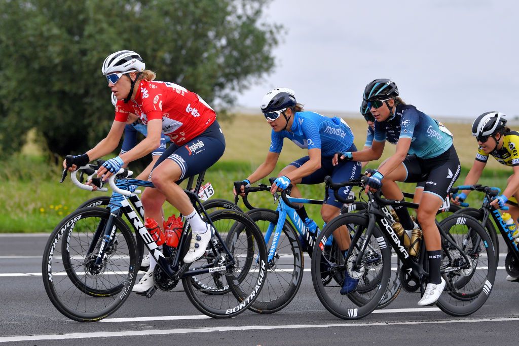 BRUGGE BELGIUM JUNE 23 Ellen Van Dijk of The Netherlands and Team Trek Segafredo Red Leader Jersey Barbara Guarischi of Italy and Movistar Team Women Shari Bossuyt of New Zealand and Team NXTG Racing during the 9th Lotto Belgium Tour 2021 Stage 1 a 1126km stage from Blankenberge to Bruges LottoBelgTour LottoBelgiumTour on June 23 2021 in Brugge Belgium Photo by Luc ClaessenGetty Images