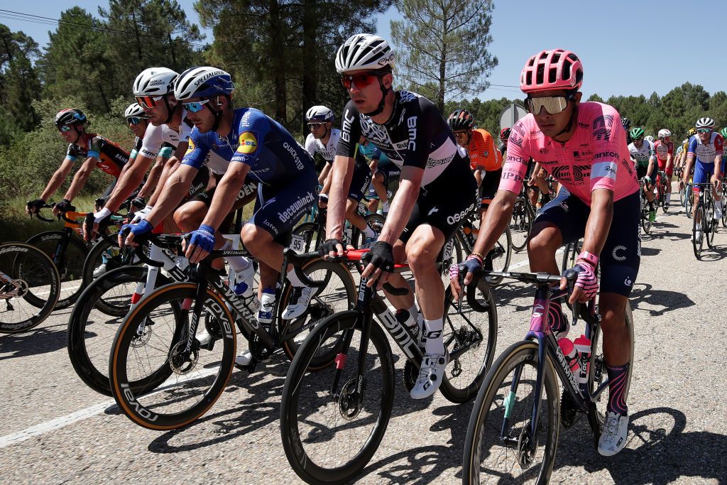 MOLINA DE ARAGON SPAIN AUGUST 17 LR Lilian Calmejane of France and AG2R Citren Team Florian Senechal of France and Team Deceuninck QuickStep Dimitri Claeys of Belgium and Team Qhubeka Nexthash and Jonathan Klever Caicedo Cepeda of Ecuador and Team EF Education Nippo compete during the 76th Tour of Spain 2021 Stage 4 a 1639km stage from El Burgo de Osma to Molina de Aragn 1134m lavuelta LaVuelta21 on August 17 2021 in Molina de Aragn Spain Photo by Gonzalo Arroyo MorenoGetty Images
