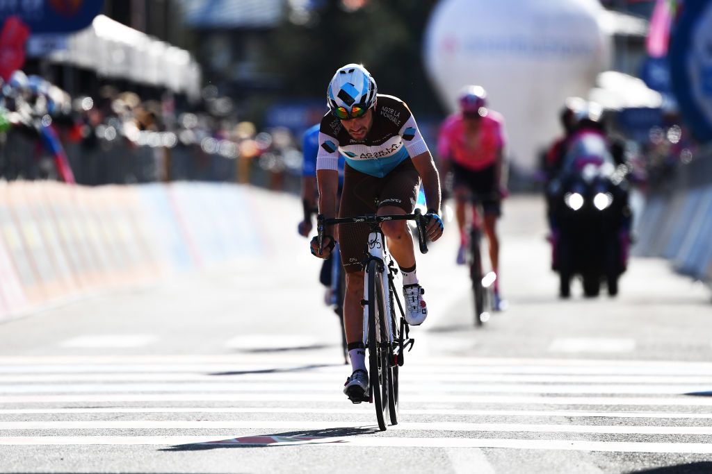 SESTRIERE ITALY OCTOBER 24 Arrival Andrea Vendrame of Italy and Team Ag2R La Mondiale during the 103rd Giro dItalia 2020 Stage 20 a 190km stage from Alba to Sestriere 2035m girodiitalia Giro on October 24 2020 in Sestriere Italy Photo by Stuart FranklinGetty Images
