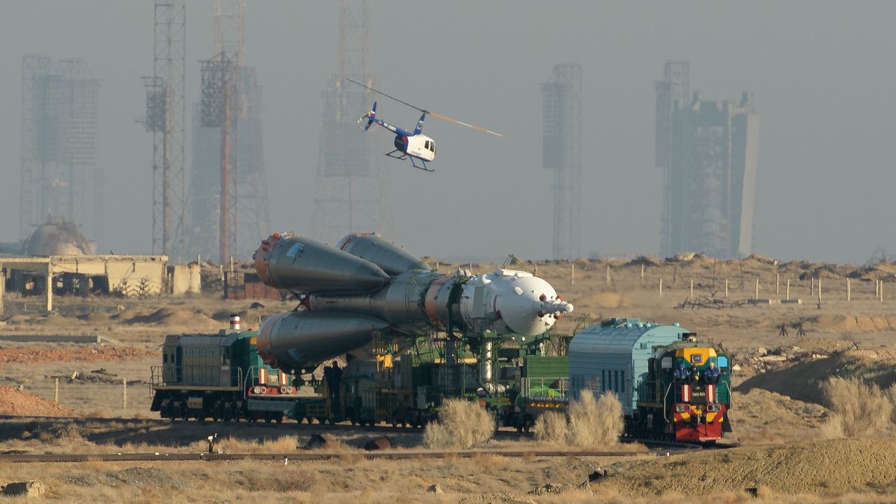 The rocket to launch the MS-12 spacecraft to the space station rolls out to its launch site at Baikonur Cosmodrome in Kazakhstan.