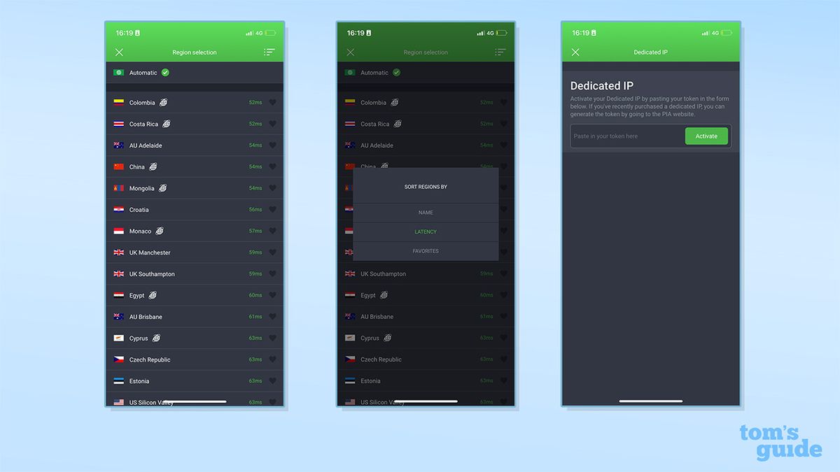 Three screenshots showing PIA's server list and dedicated IP option on its iOS app. On the left is PIA's server list. In the middle is PIA's server list filtering, with options to sort by name, latency or favourites. On the right is PIA's dedicated IP feature.