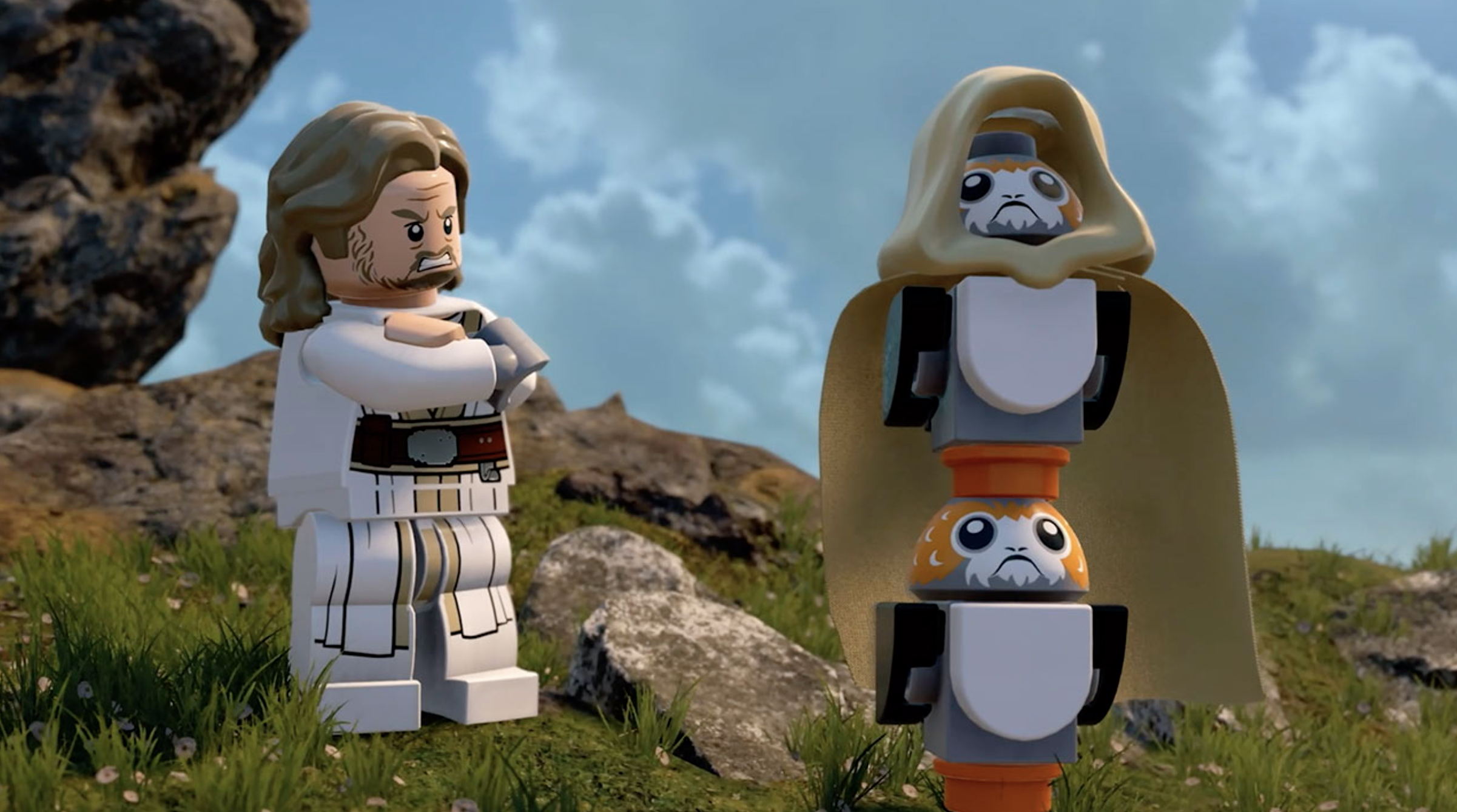 Lego Star Wars: The Skywalker Saga trailer still showing Luke and two Porgs wearing his cloak
