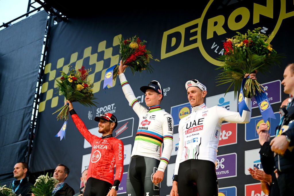 Men&#039;s 2024 podium at Tour of Flanders (L to R): Luca Mozzato of Arkéa-BB Hotels on second place, race winner Mathieu van der Poel of Alpecin-Deceuninck and Nils Politt of UAE Team Emirates on third place