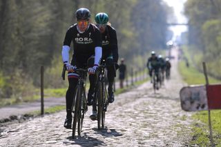 Peter Sagan and Daniel Oss preview the newly mortared Arenberg cobbles