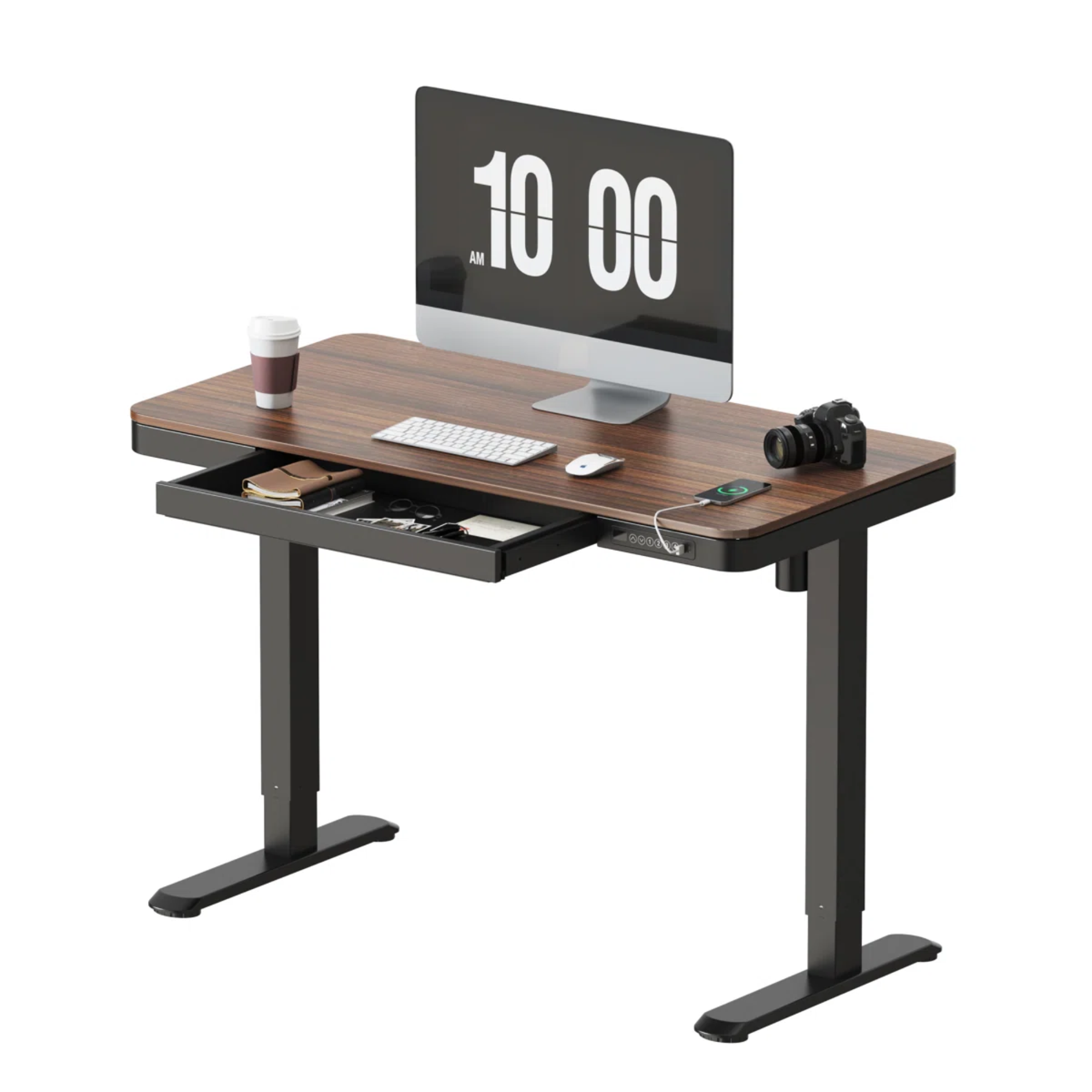 standing desk with a computer and keyboard