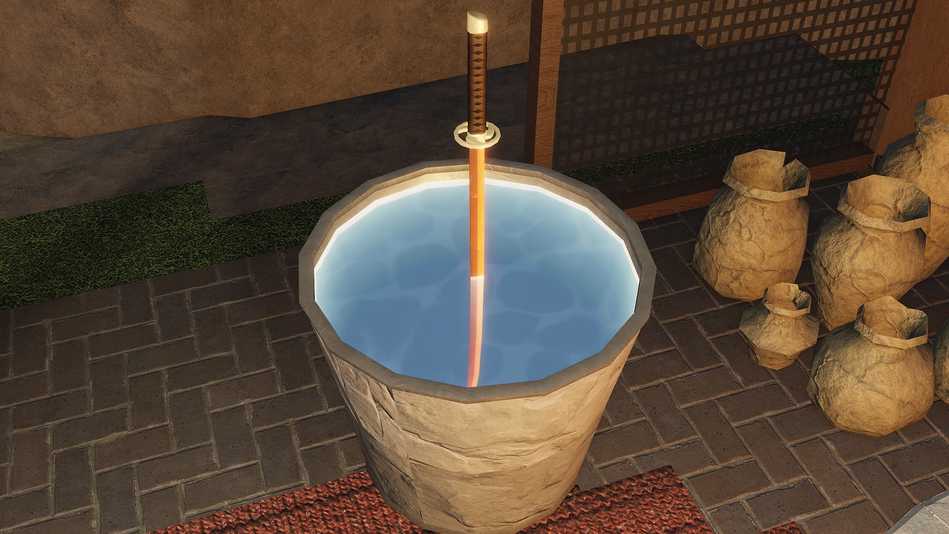 The Forge - A katana being dipped to cool off in a pot of water